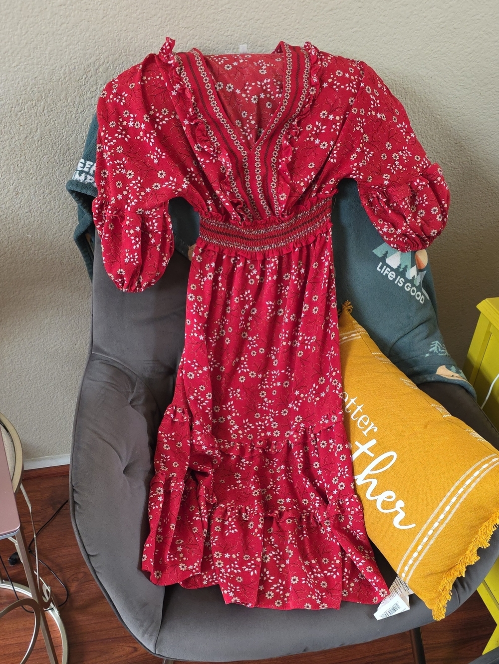 Max Studio Red Floral V-Neck Smocked Midi Dress